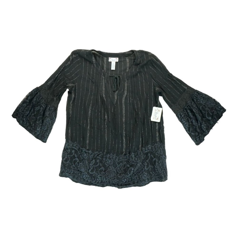 NWT $48 Studio West Apparel Sz Medium Black Embroidered Blouse Top Shirt